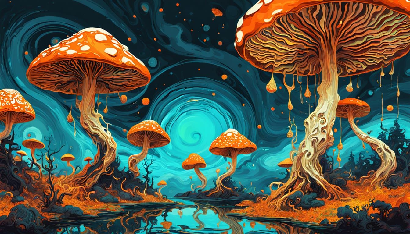 Vibrant Psychedelic Mushrooms in Dreamlike Landscape