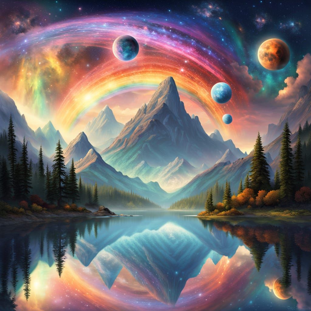 Rainbow Bridge Connects Floating Mountains Over Galaxy Lake