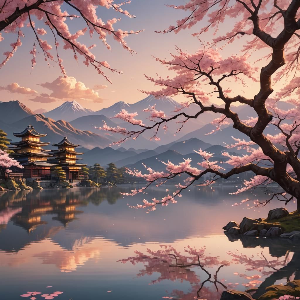 Sakura Tree Sunset in 3D Anime Style