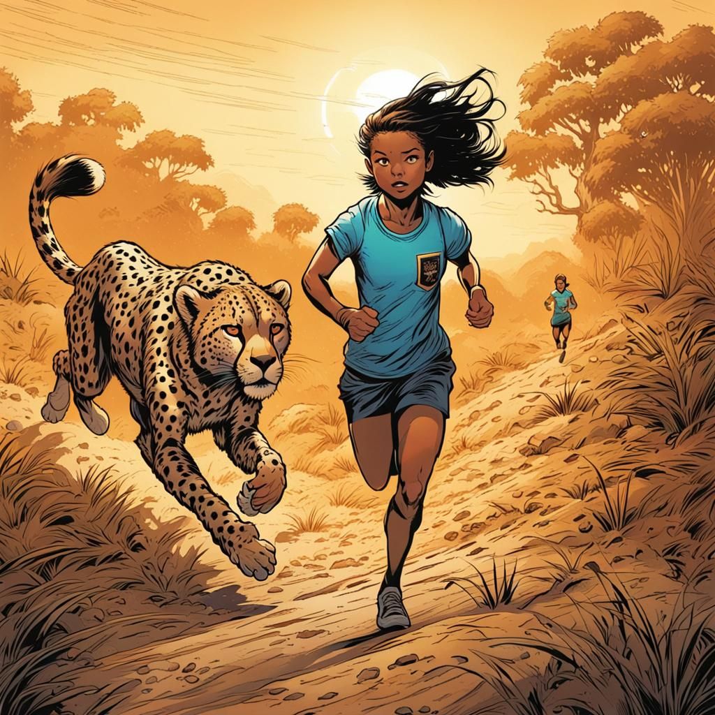 Girl Running with Cheetah in Comic Book Style