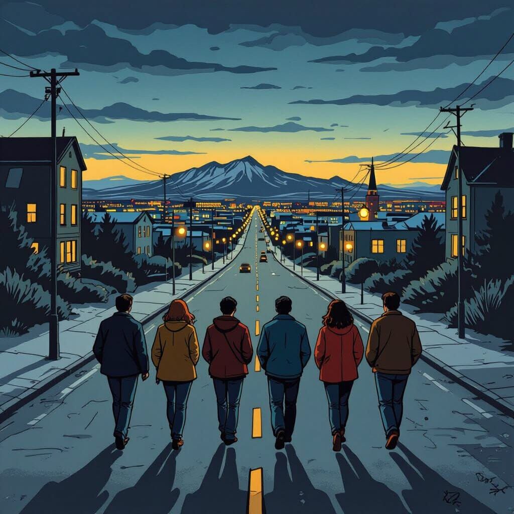 Six Figures on Reykjavík Street in 70s Comic Style