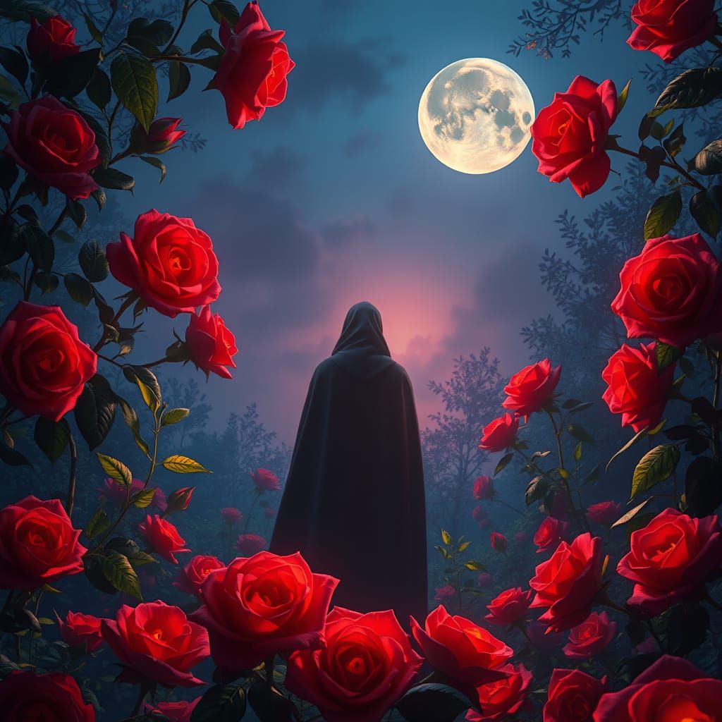 Moonlit Garden of Glowing Red Roses