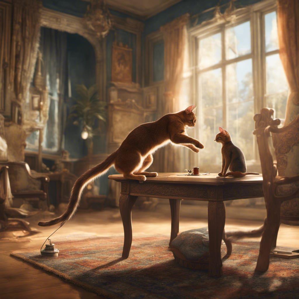 Abyssinian Cat Playfully Leaps in Detailed Matte Painting