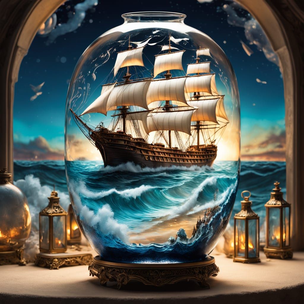 Majestic Tall Ship in Glass Bottle on Twilight Ocean