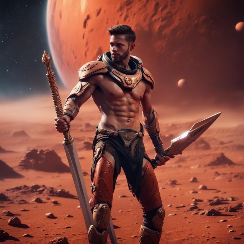 Hyper Realistic Shirtless Muscular Young Handsome king on Mars with his sword in outer space