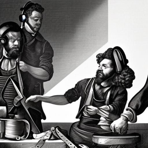 18th Century Workers Forging Scissors, Linocut Style