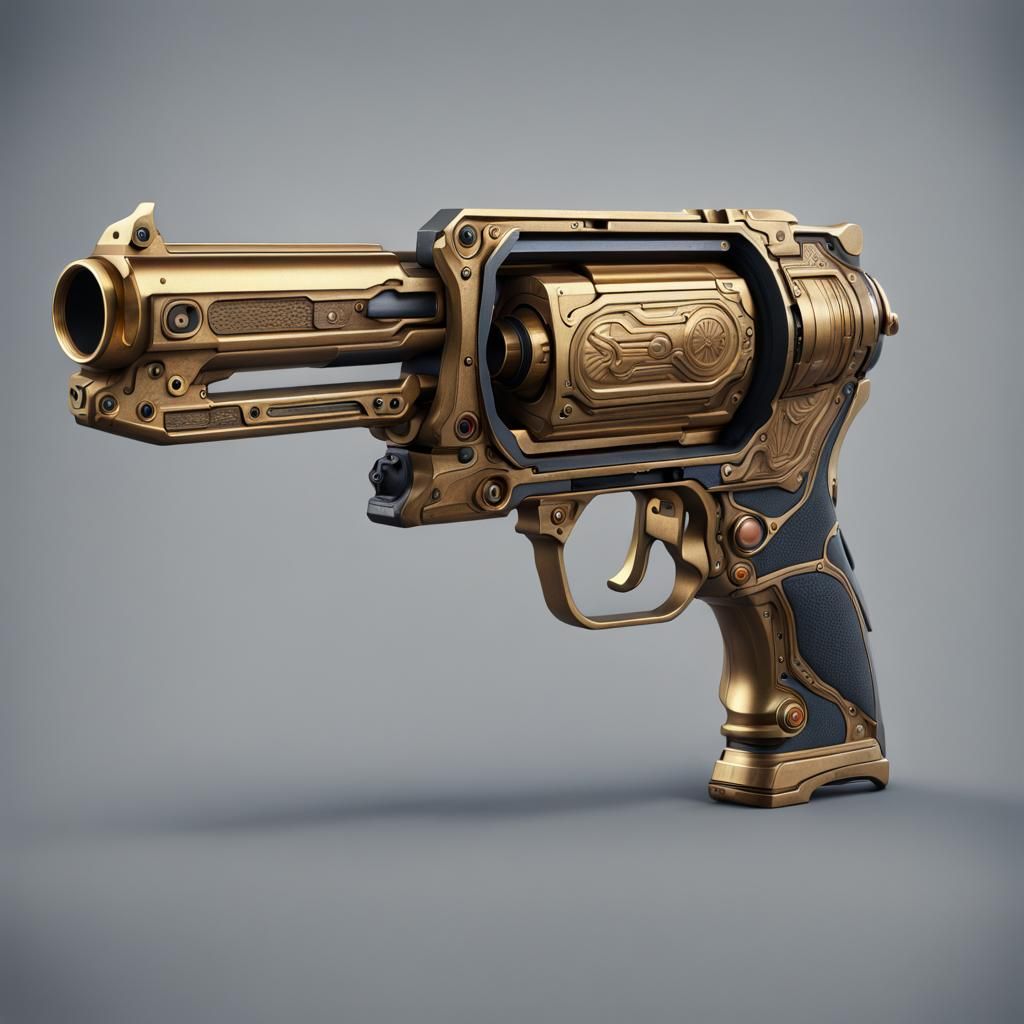 Brass Sci-Fi Handgun Revolver: Detailed Matte Painting