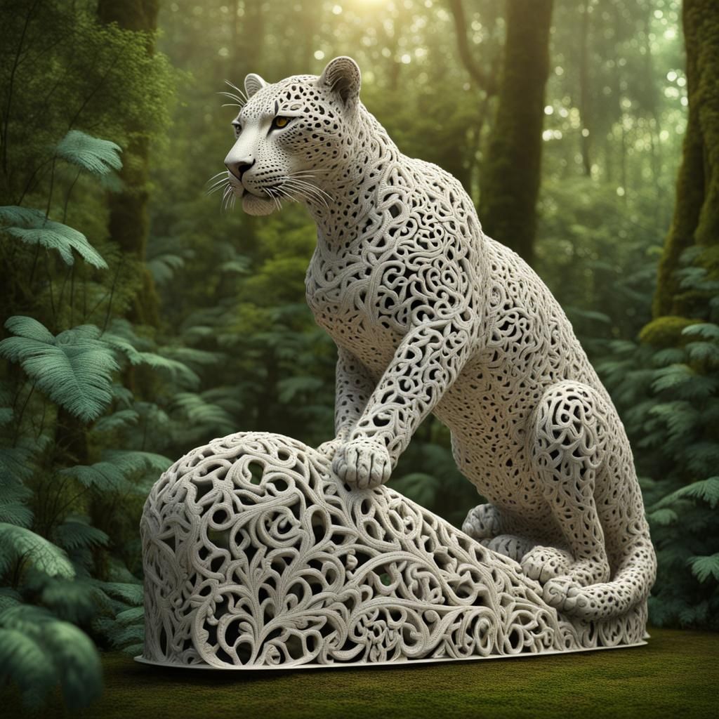 Lace Leopard Sculpture in Lush Forest, HDR