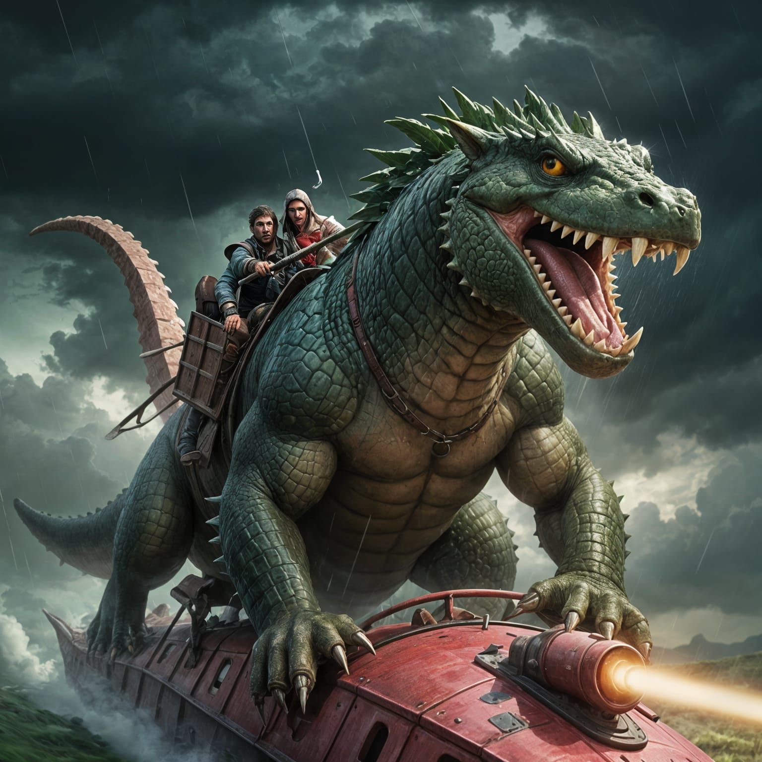 Pink Furry Barbarian Riding Crocodile in Summer Storm