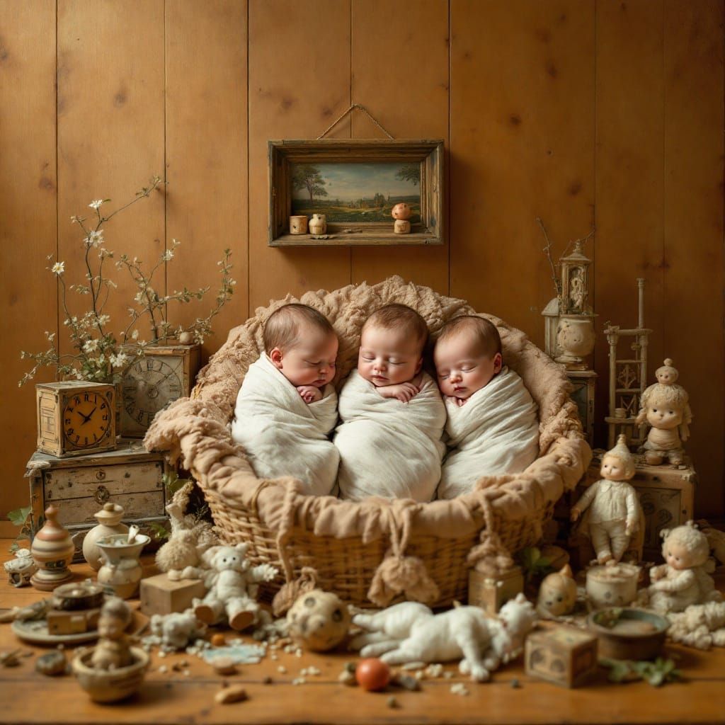 Still Life with Whimsical Infant Figures in Warm, Golden Lig...