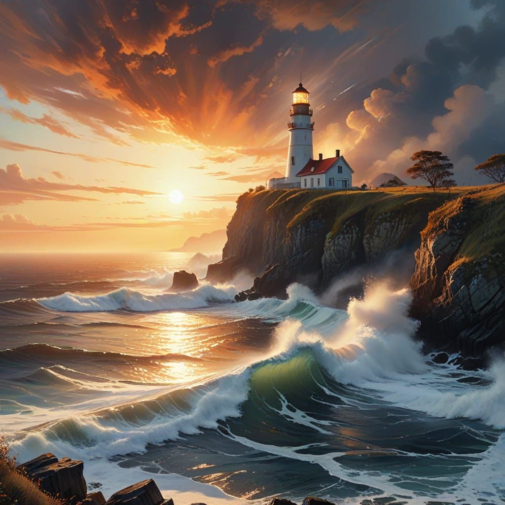 Lighthouse on Cliff in Expressive Watercolour Style