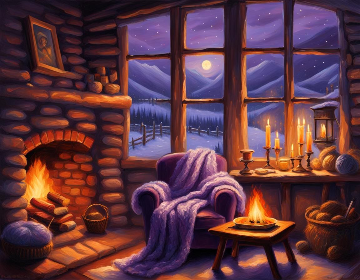 Cozy Purple Corner with Fireplace, Oil Painting