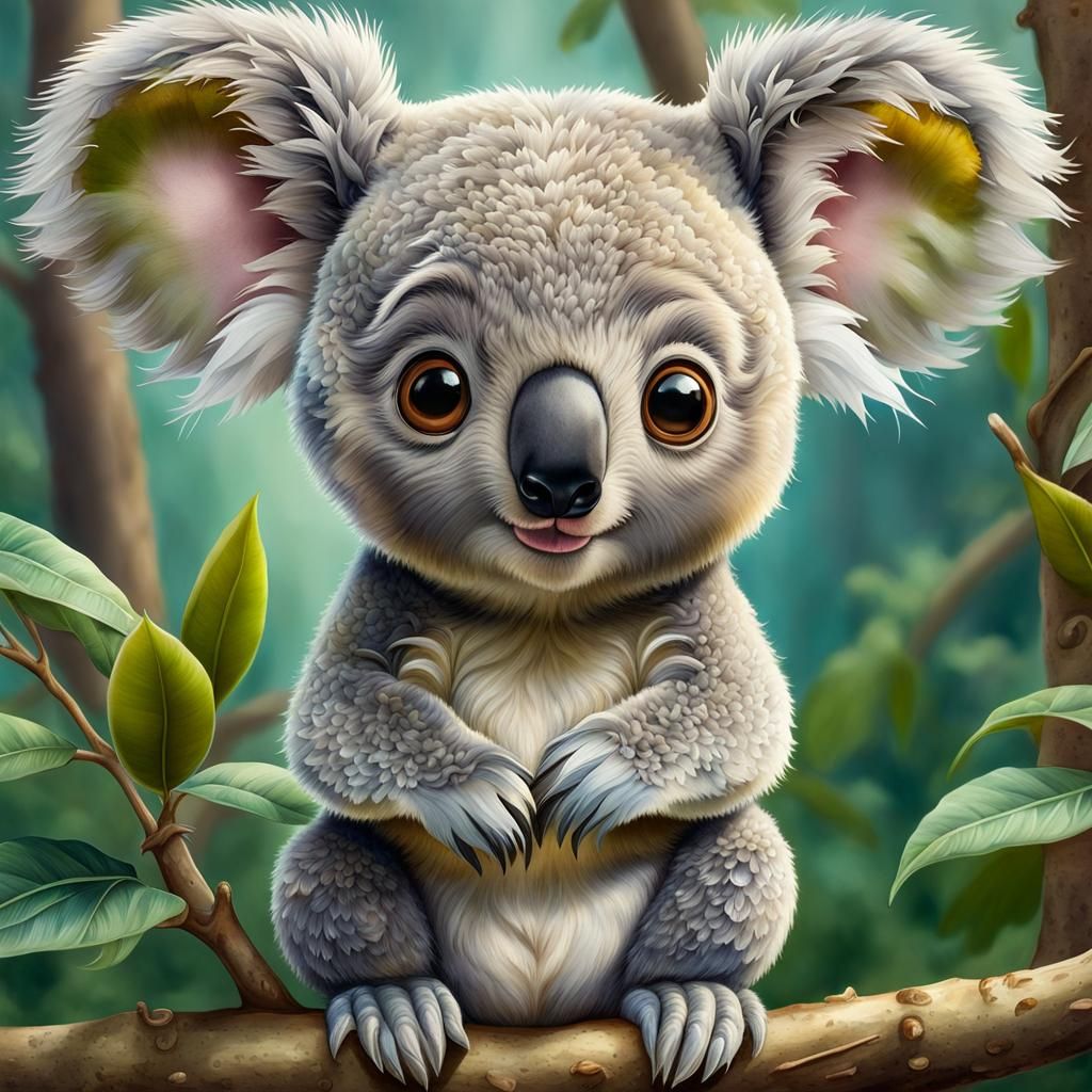 Pixar Style Koala Caricature with Chibi Eyes