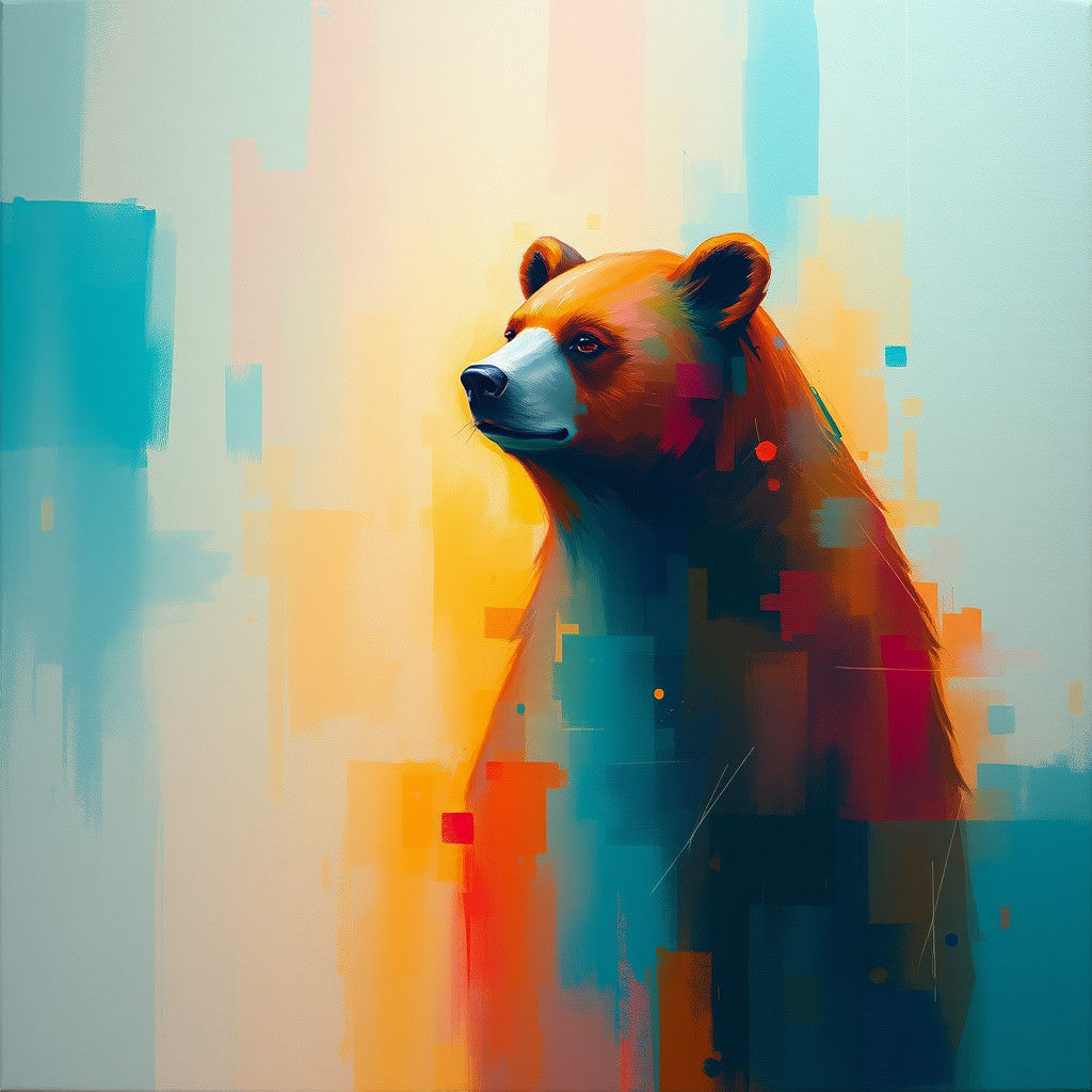 Abstract Bear in Misty Mondrian Style Acrylic Painting