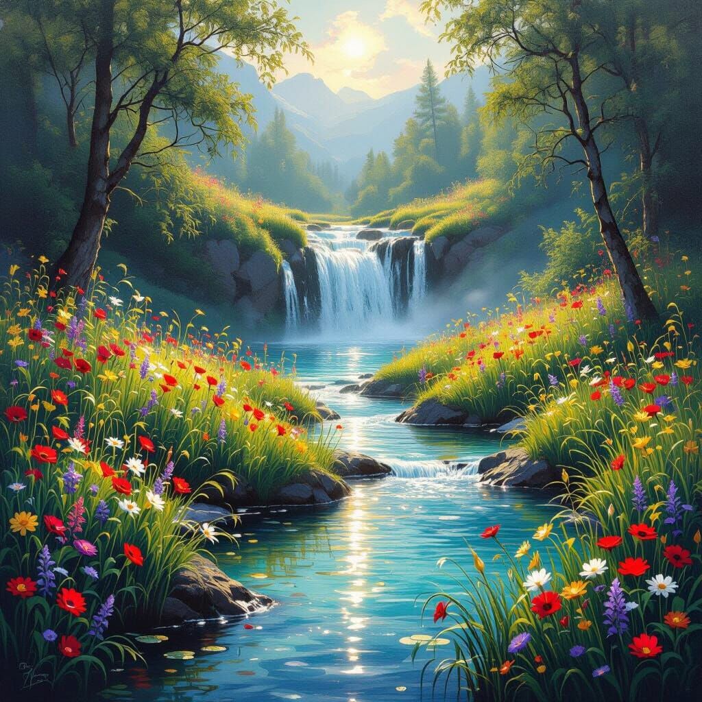 Luminous Oil Painting of Waterfall Meadow