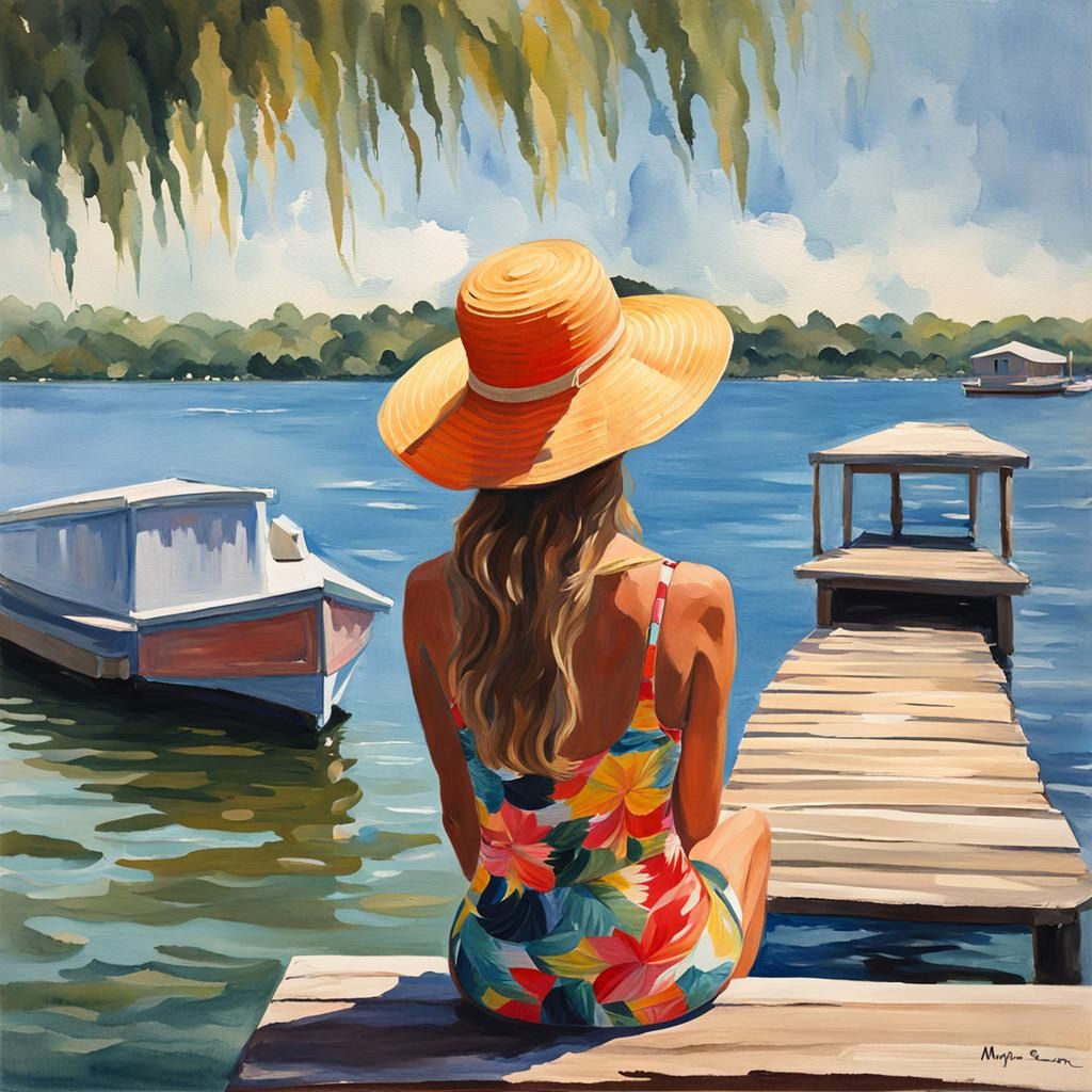 Woman on Dock in Gouache Impressionist Style