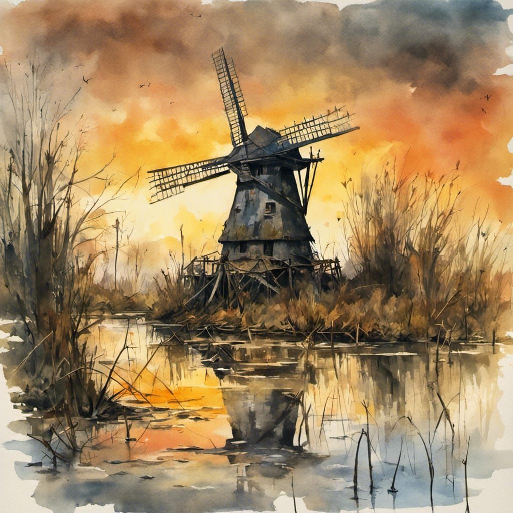 Flooded Dutch Windmill Ruins in Turner-esque Aquarelle