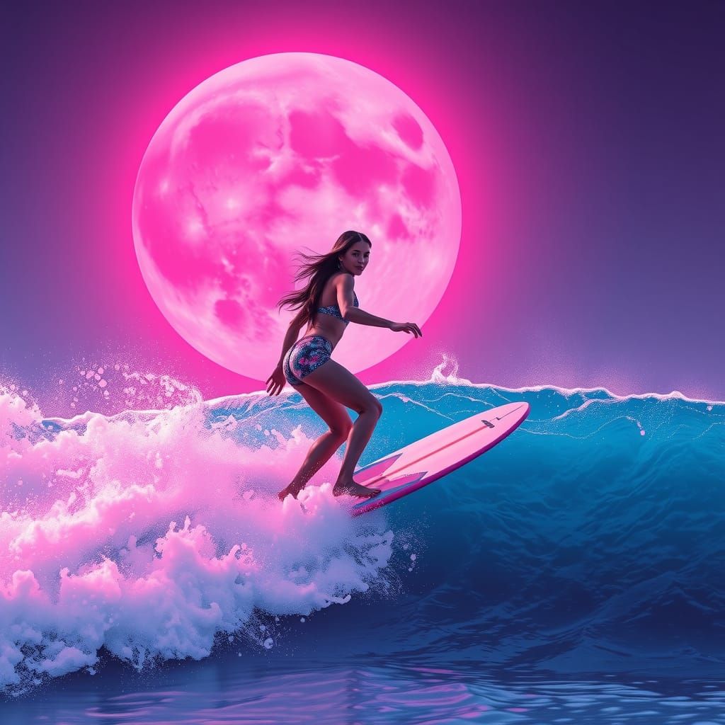 Surfer Girl Riding Neon Wave Under Hot Pink Moon