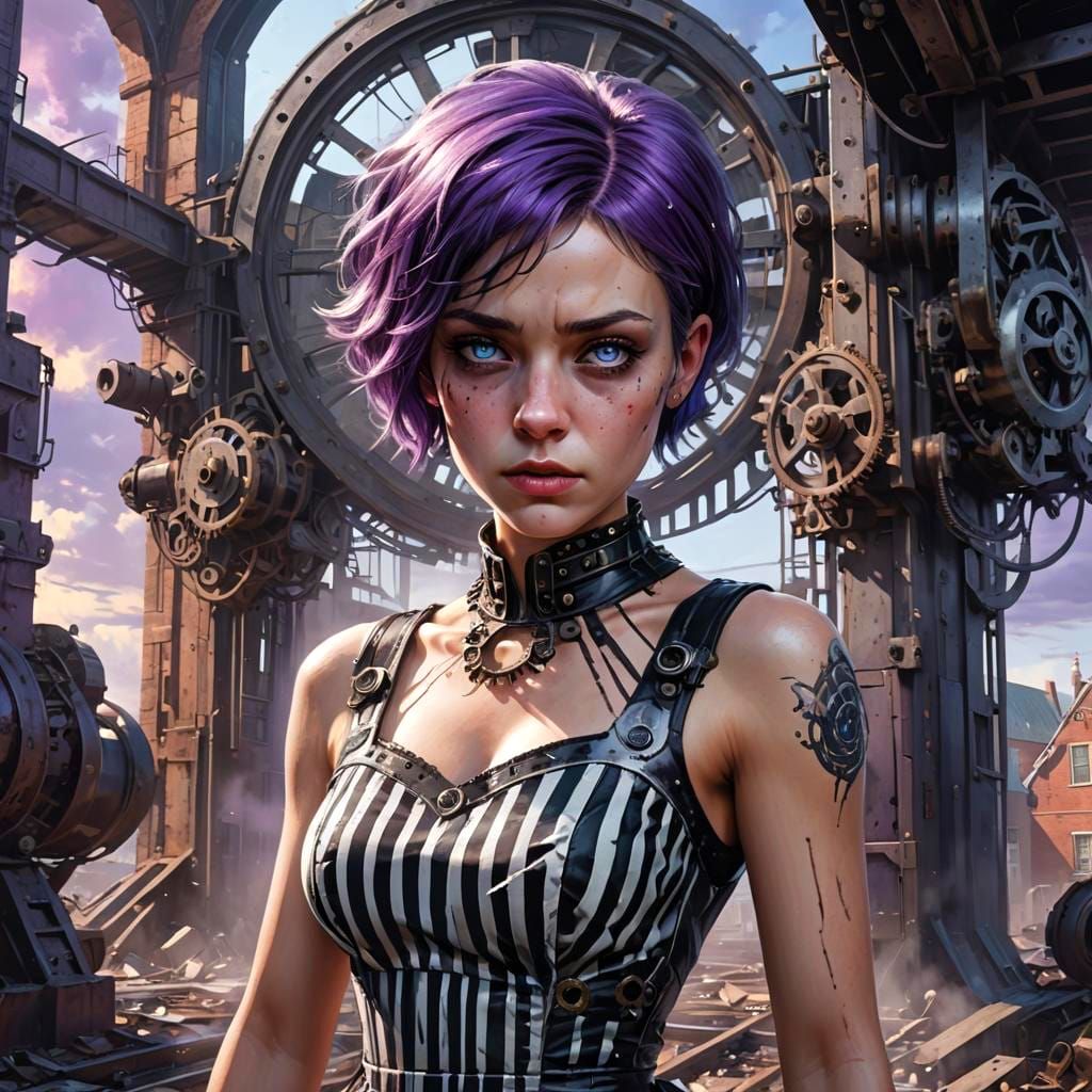 Steampunk Woman Outside Asylum in Hyperrealistic Style