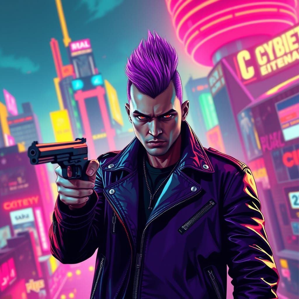 Cyberpunk Vigilante in Neon Cityscape