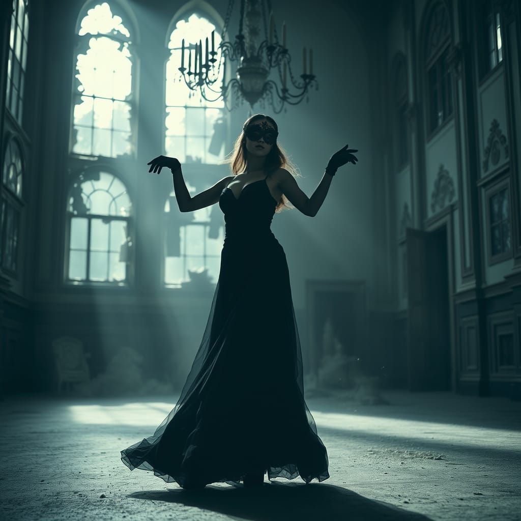 Masked Woman Dances in Abandoned Gothic Ballroom