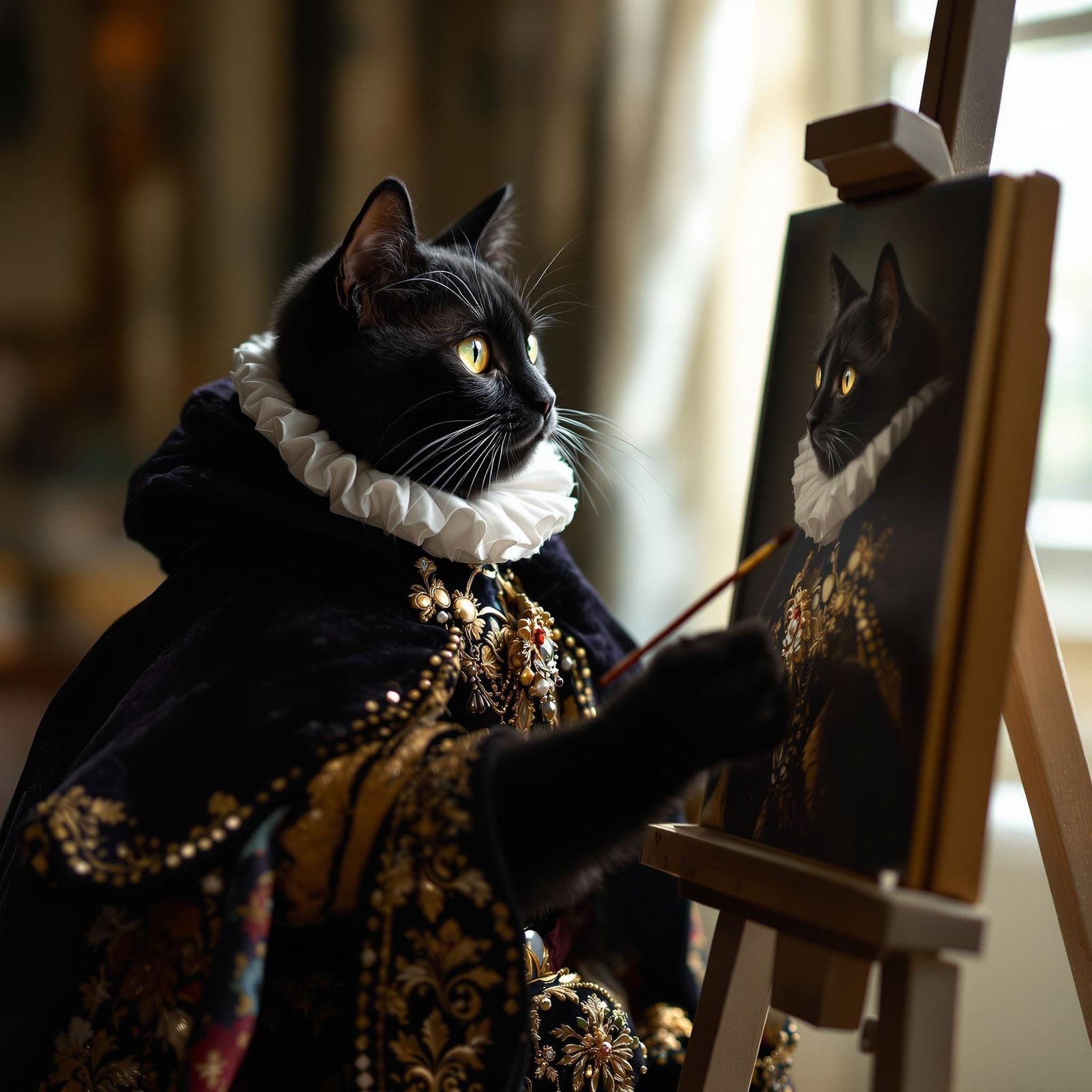 Regal Feline Artist in Renaissance Attire