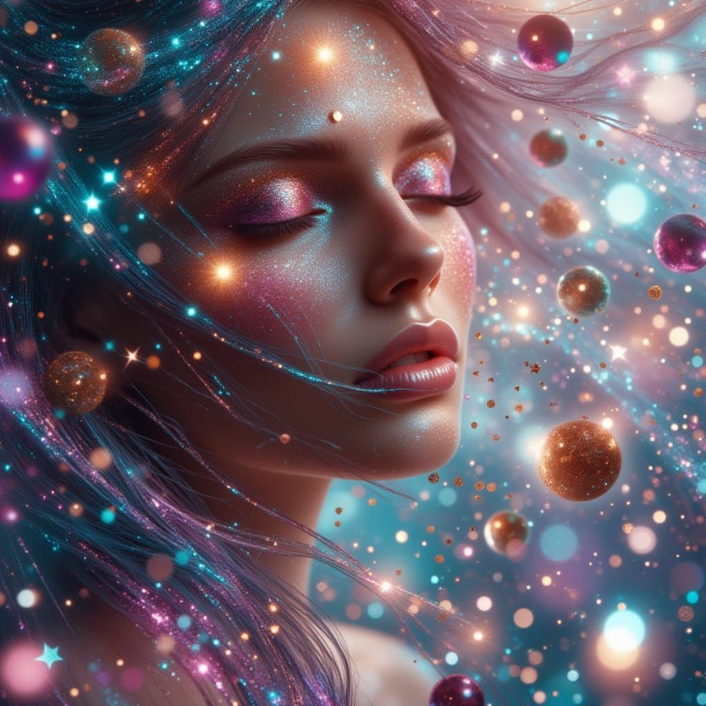 Dreamy Woman with Iridescent Hair Amidst Cosmic Candy