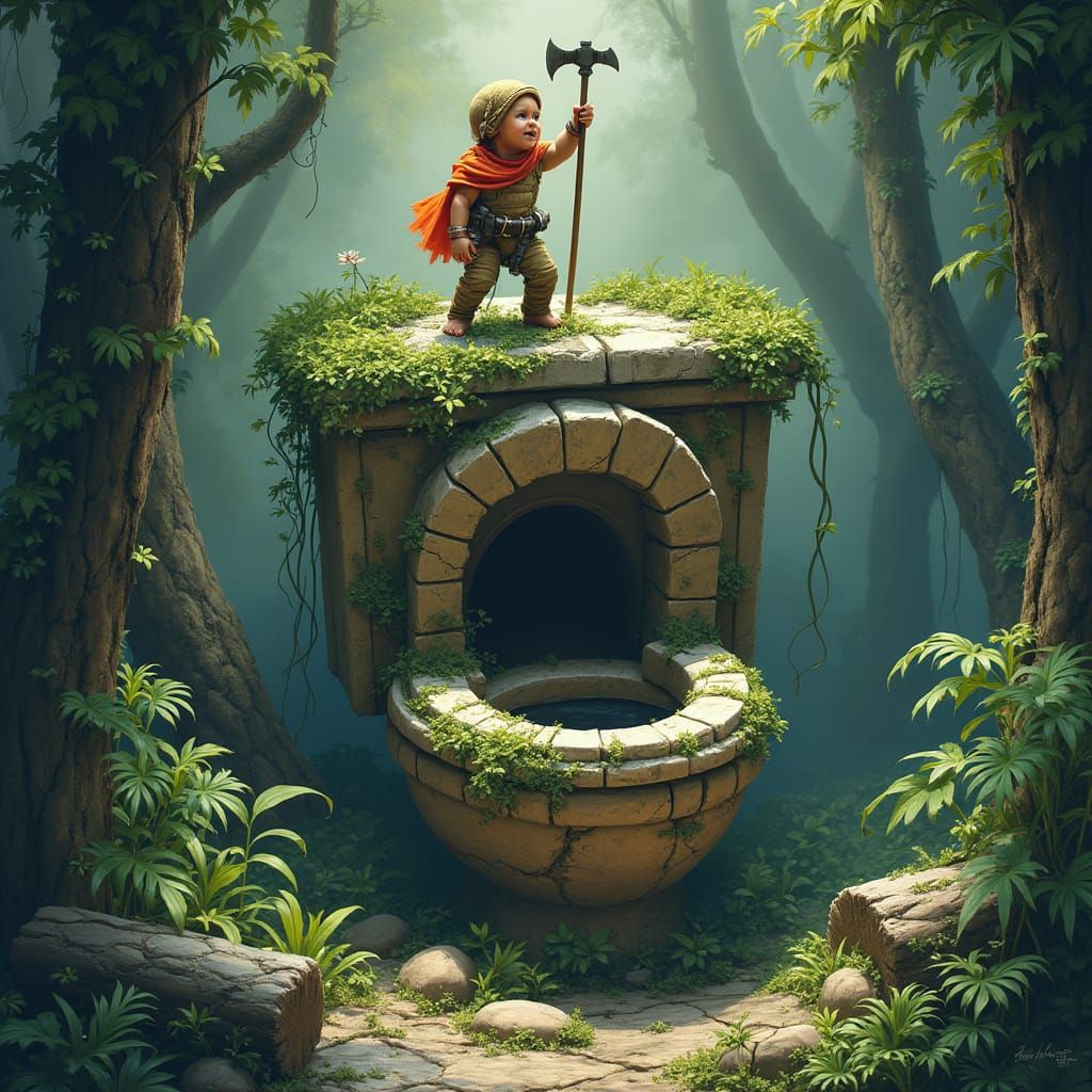 Baby Climber on Jungle Toilet, Pulp Illustration