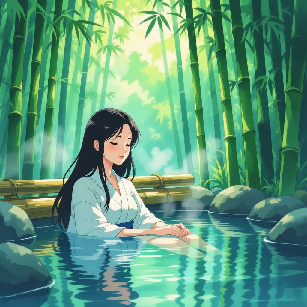 Serene Onsen Scene in Watercolor Anime Style