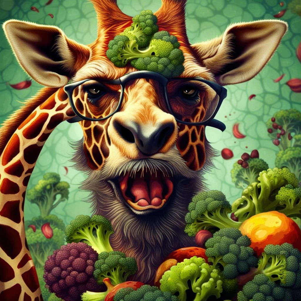 Bearded Giraffe Broccoli Battle: Detailed Matte Painting