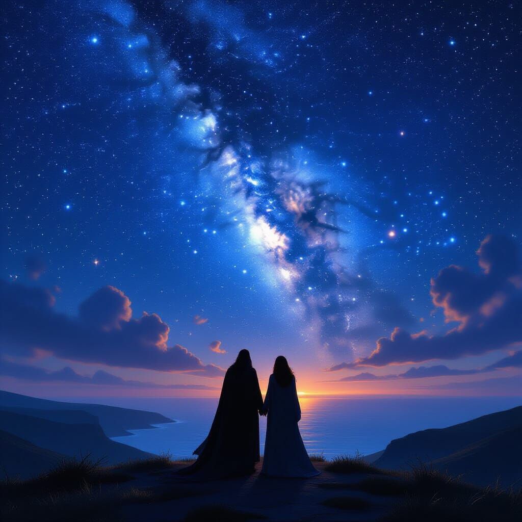 Mythic Figures Under Starlit Sky, in Neo-Impressionist Style