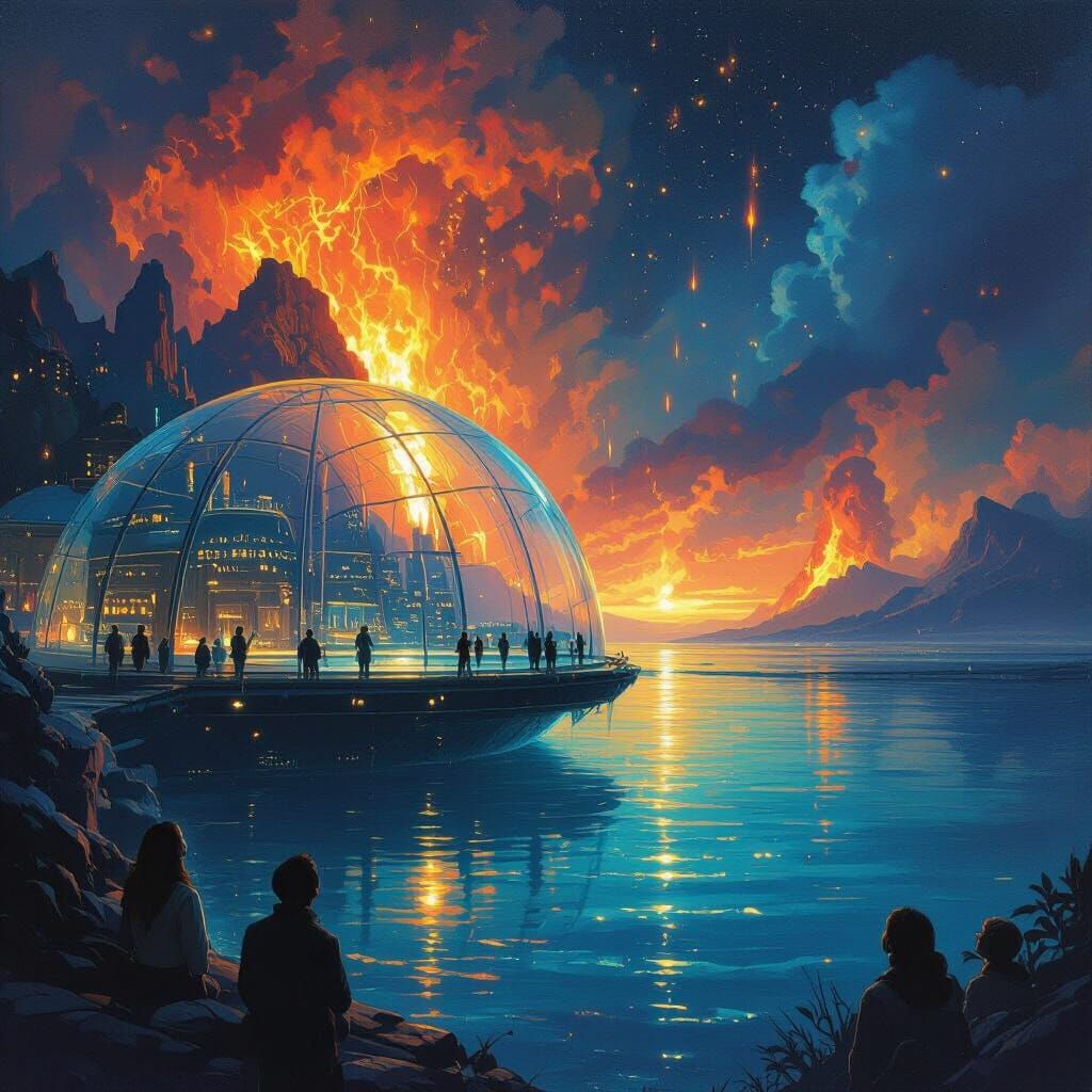 Underwater City Gazes at Volcanic Sky, Oil Painting