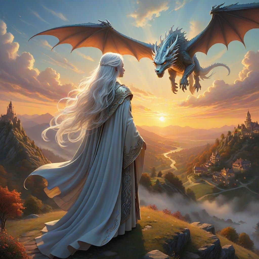 Woman and Silver Dragon in Sunset Fantasy Art