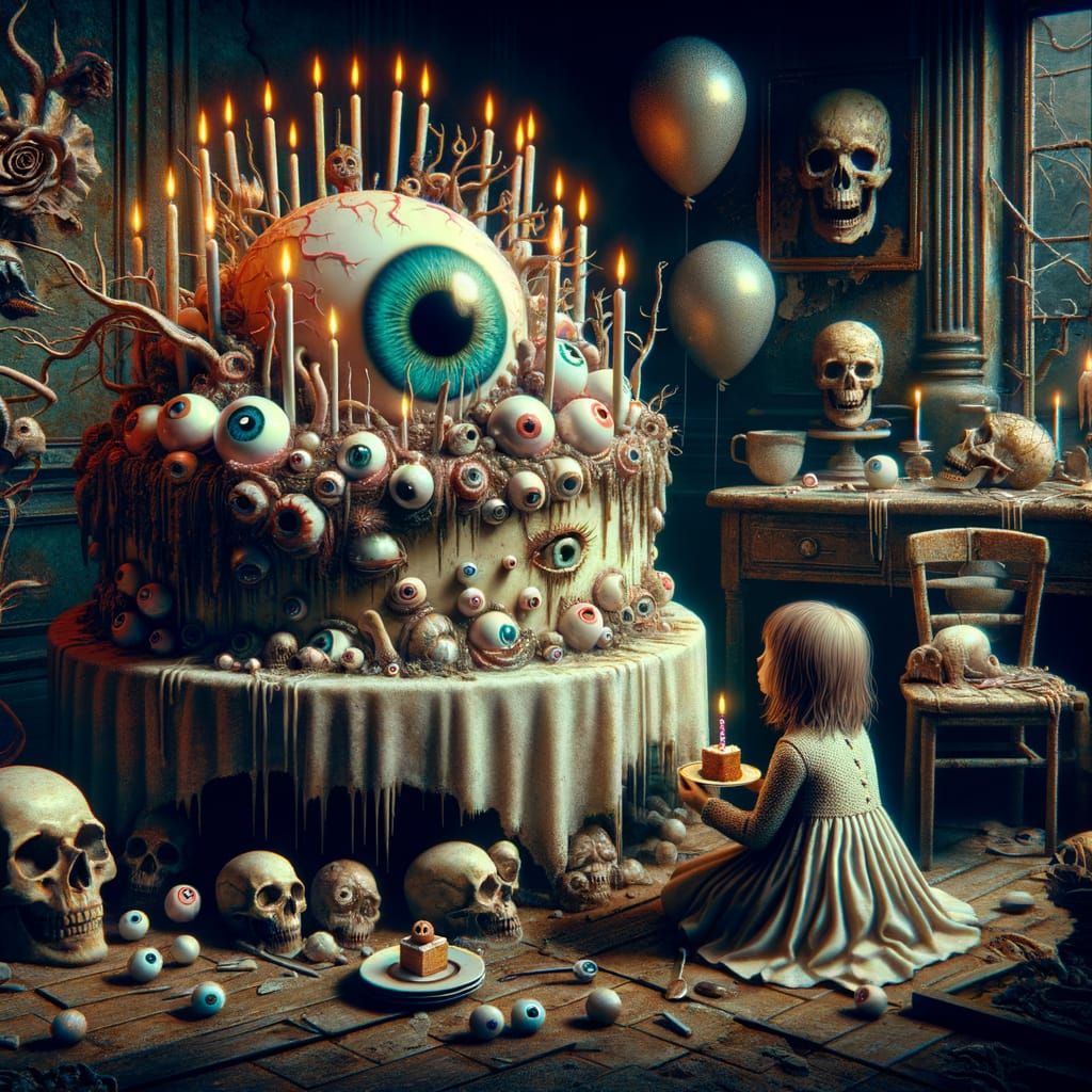 Gothic Art Concept: Girl and Surreal Birthday Cake