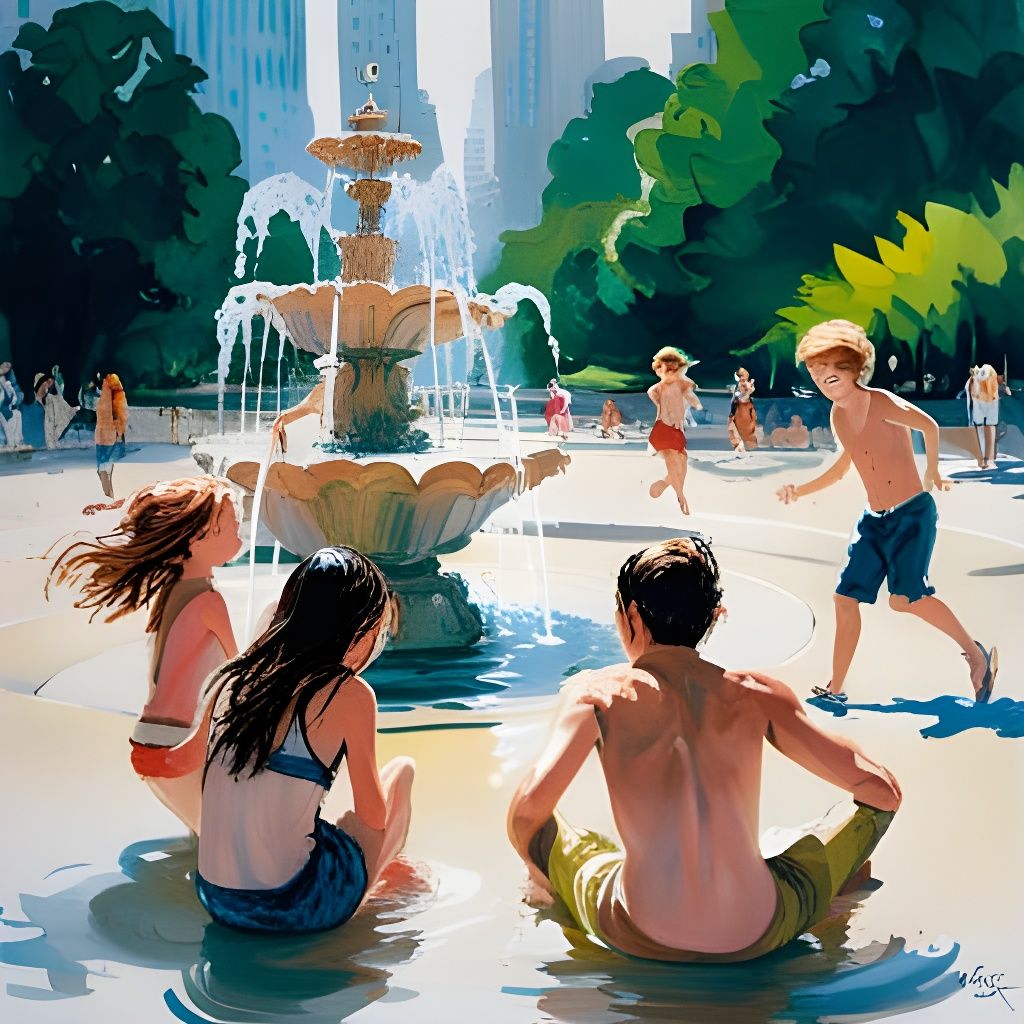 Children Playing in Fountain on Summer Day