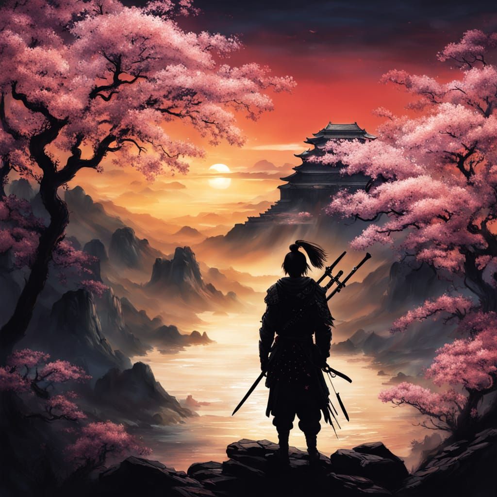 Ethereal Warrior Amidst Sakura Sunset