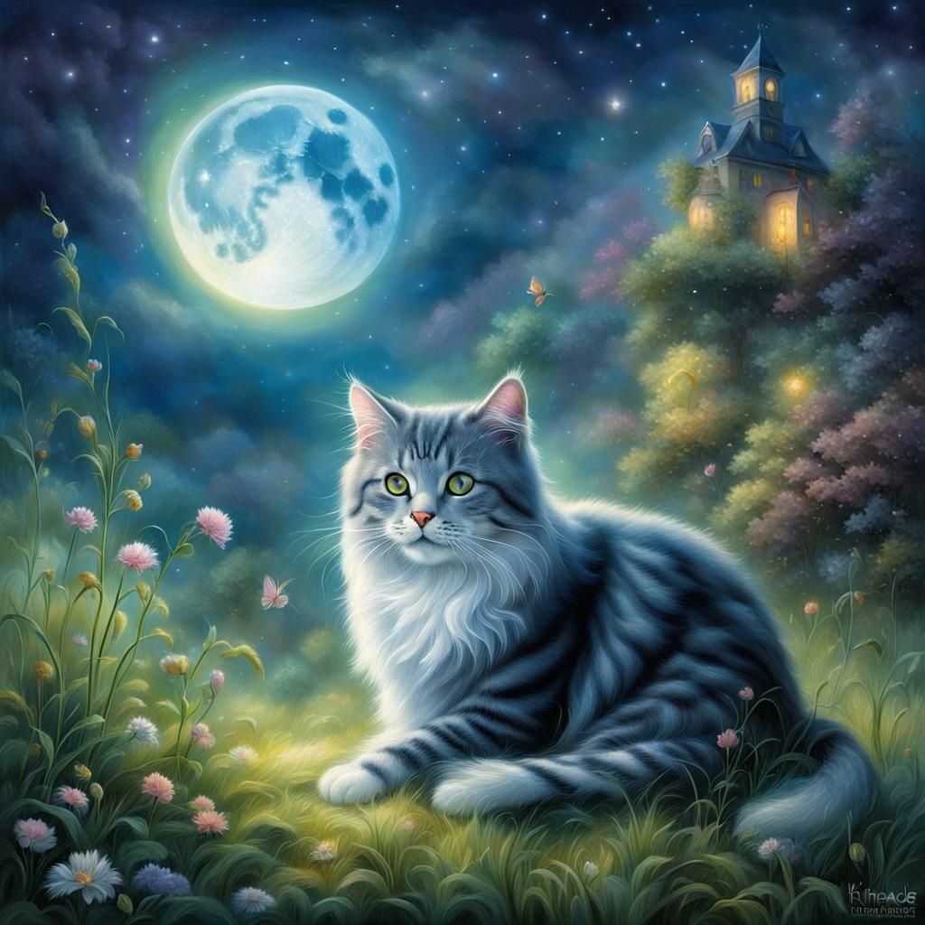 Cat Under Moonlight: Ethereal Fantasy Art