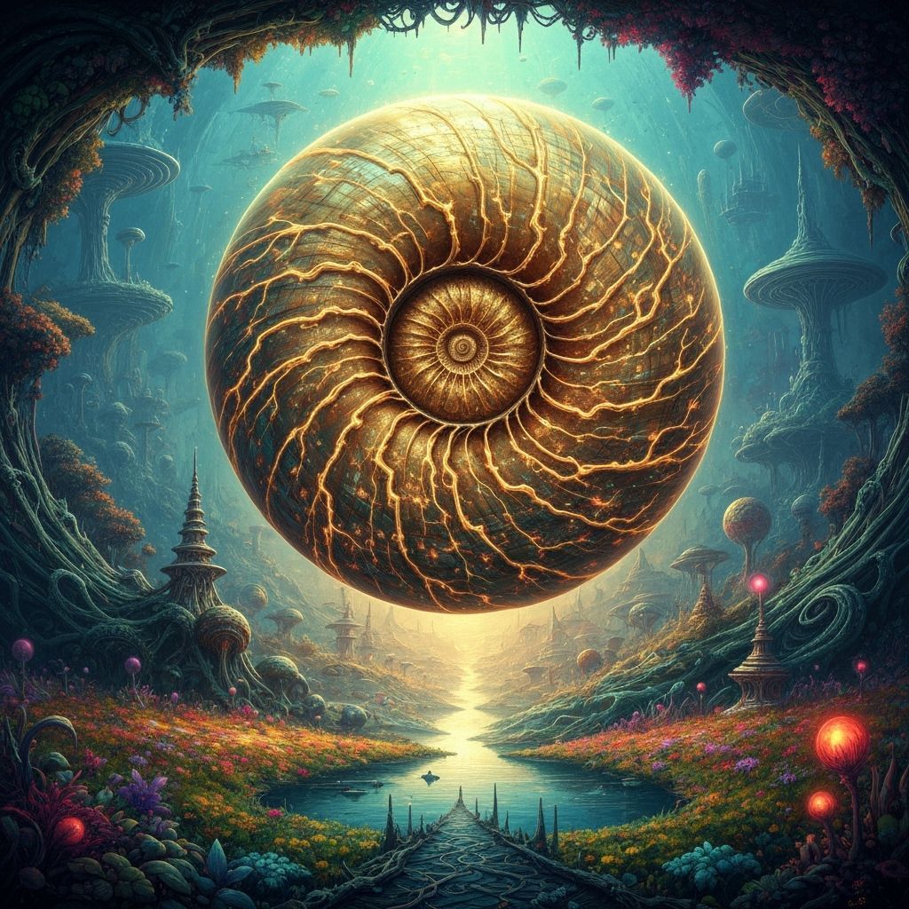 Luminous Nautilus Shell in Alien Landscape
