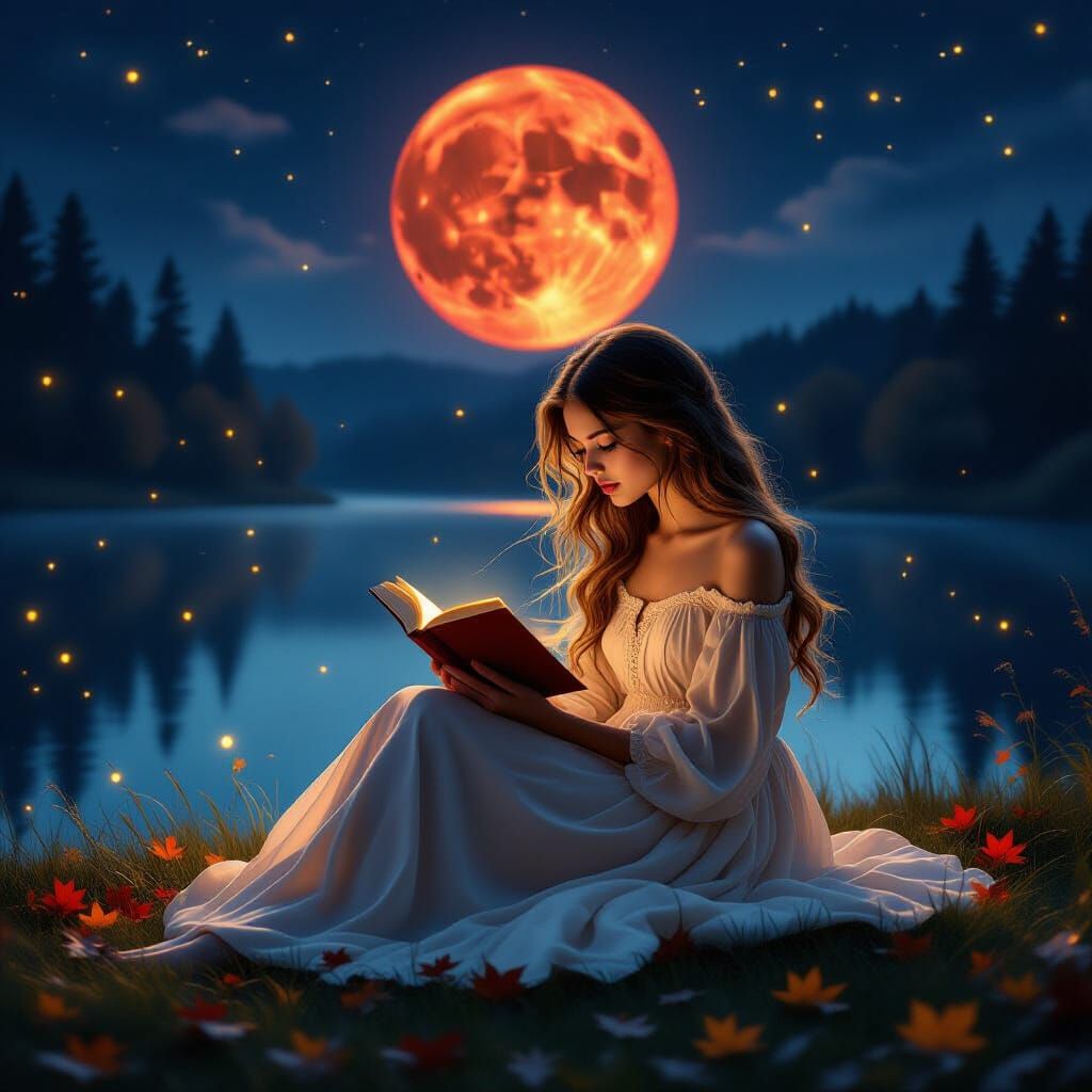 Girl Reading Under Red Moon with Fireflies