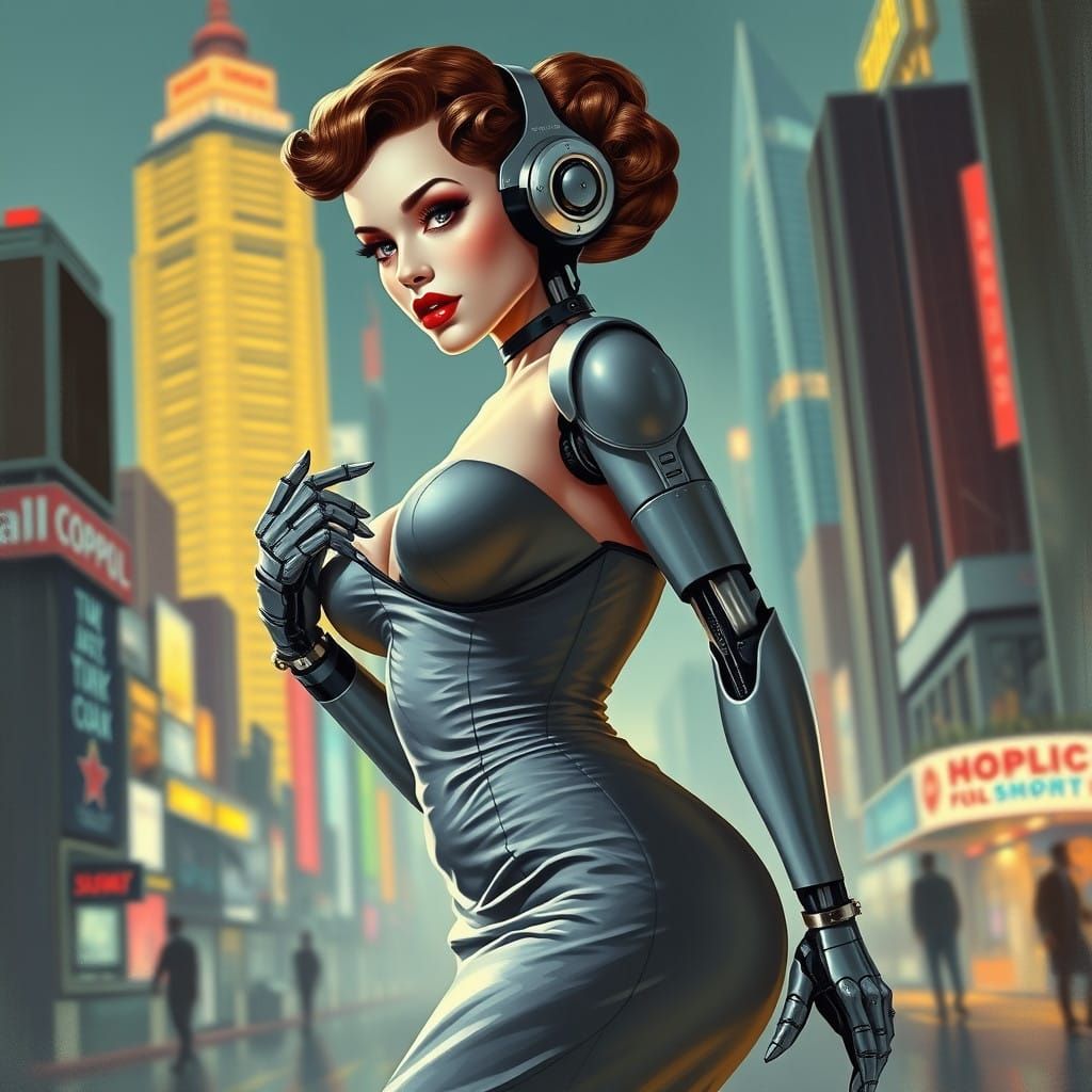 Retro-Futuristic Pin-Up Robot, 1950s-Inspired Gown, Blade Ru...
