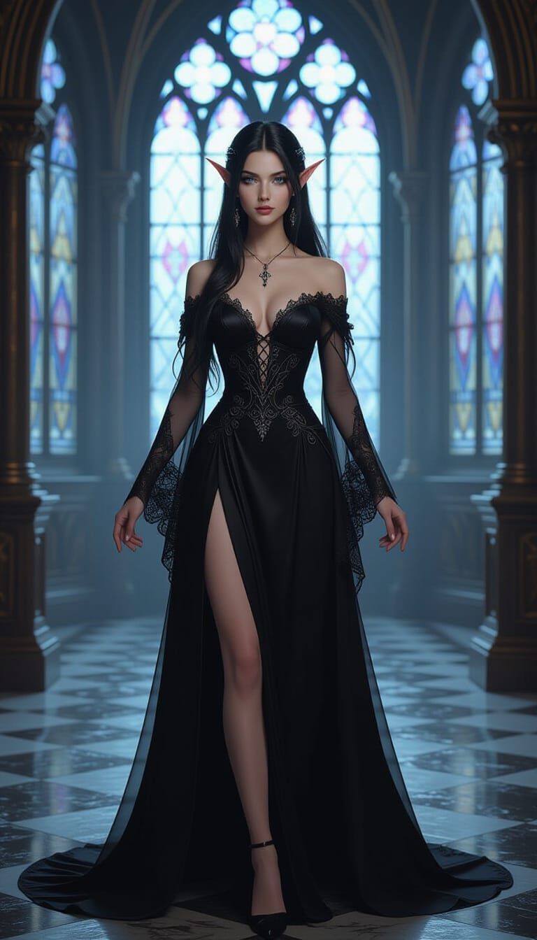 Elegant Half-Elf in Gothic Hall, Fantasy RPG Art