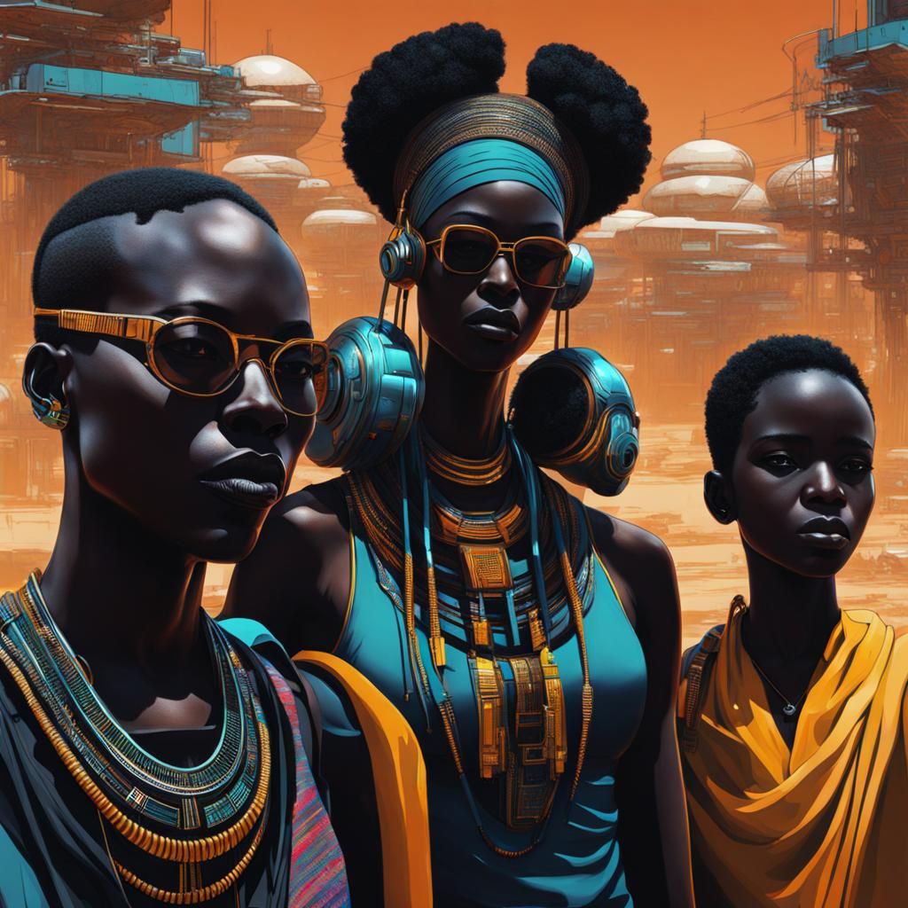 Cyberpunk Sudanese Family in Futuristic Setting