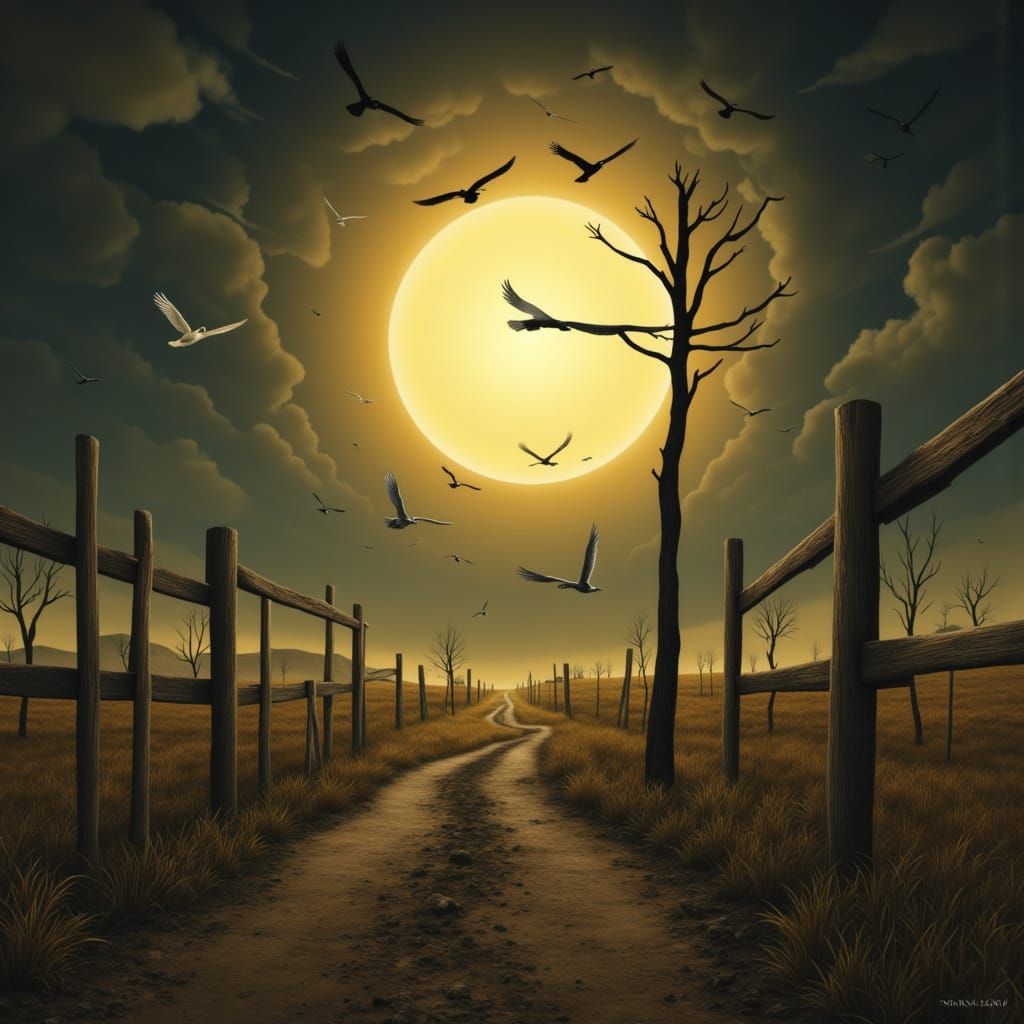 Surrealist Sunset Landscape with Disoriented Birds and Eerie...