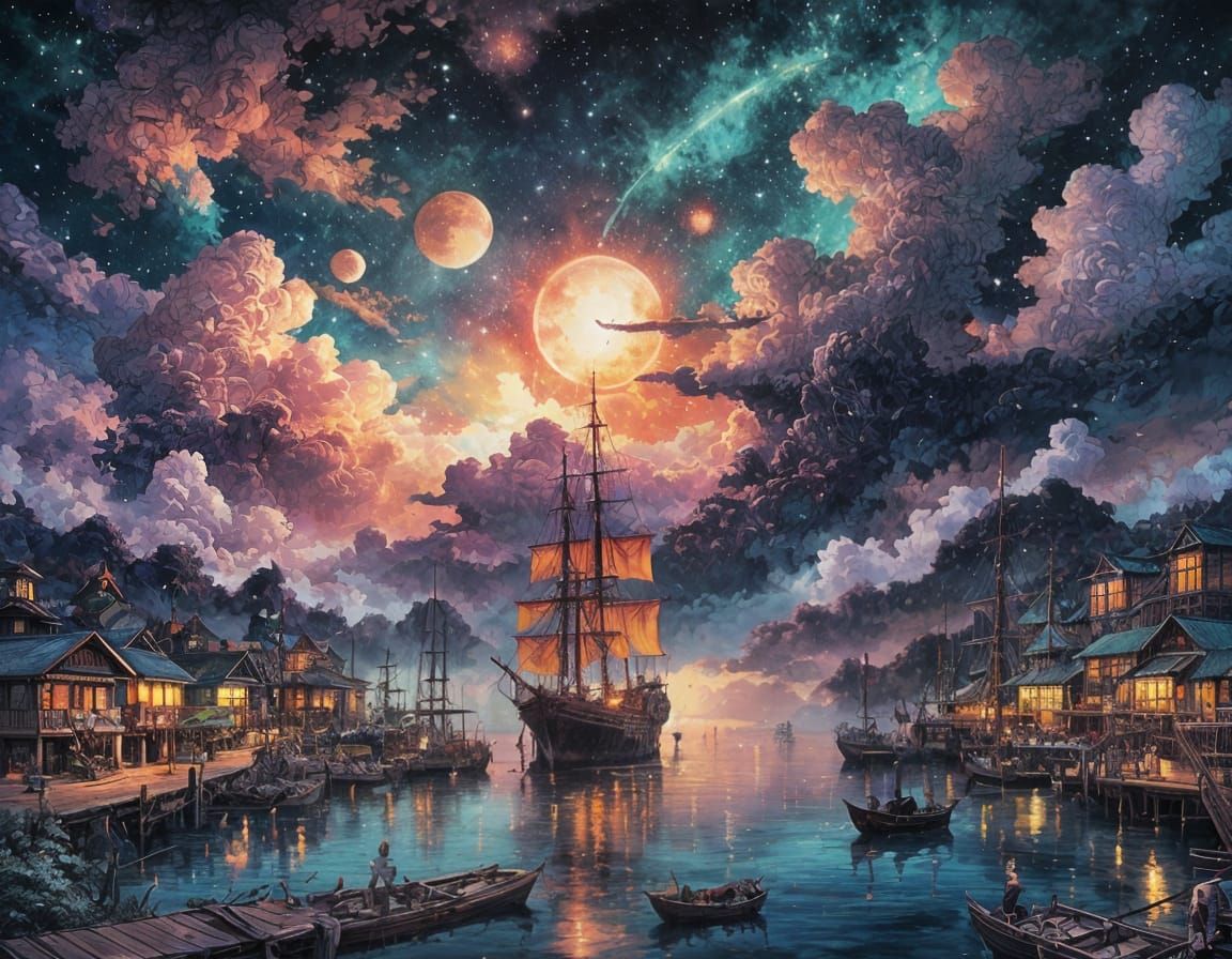 Nebula Over Hawaiian Harbor in Manga Style