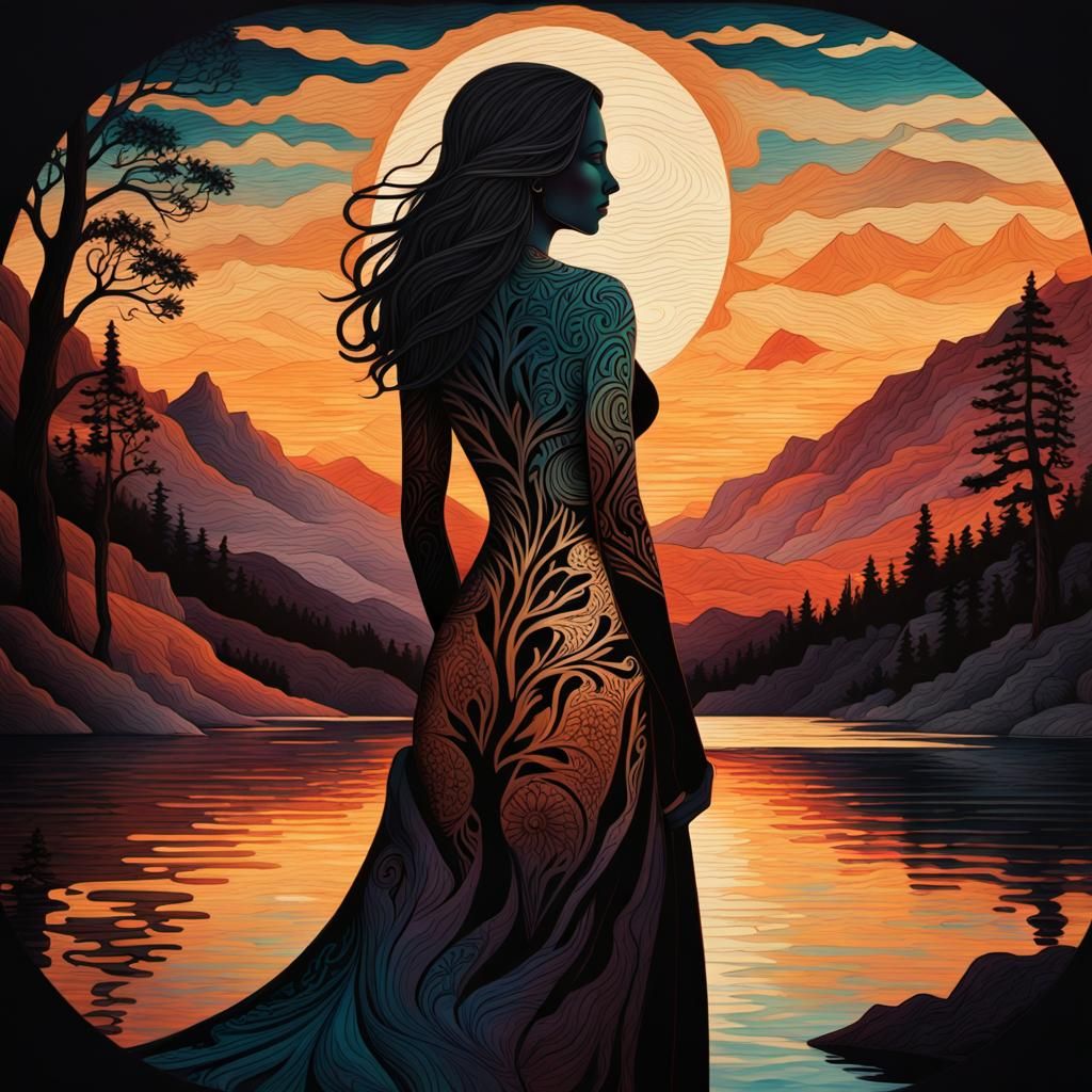 Pyrography Shadow Figure in Serene Landscape