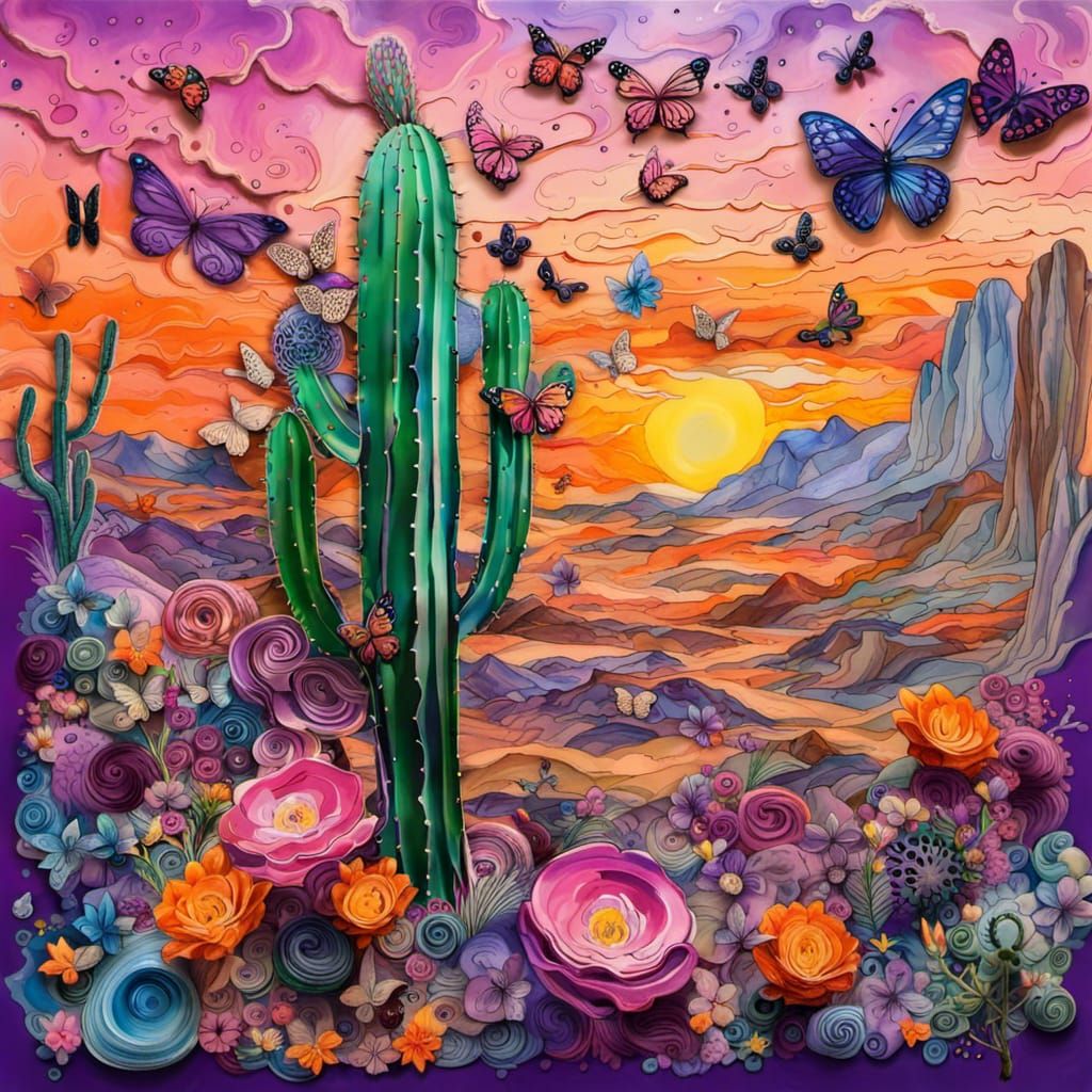 Desert Sunset with Cactus and Butterflies in Graffiti Art