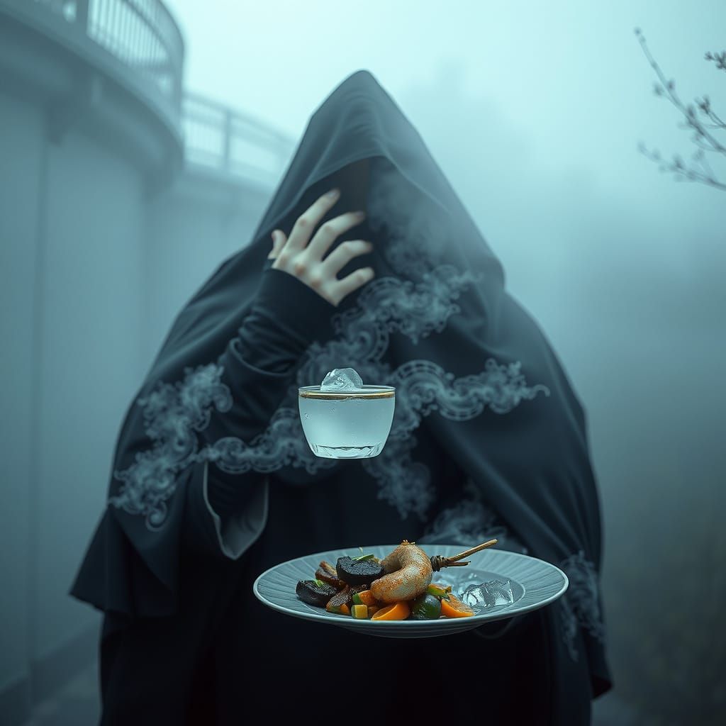 Mystical Cyberpunk Figure Serving Chilled Dish