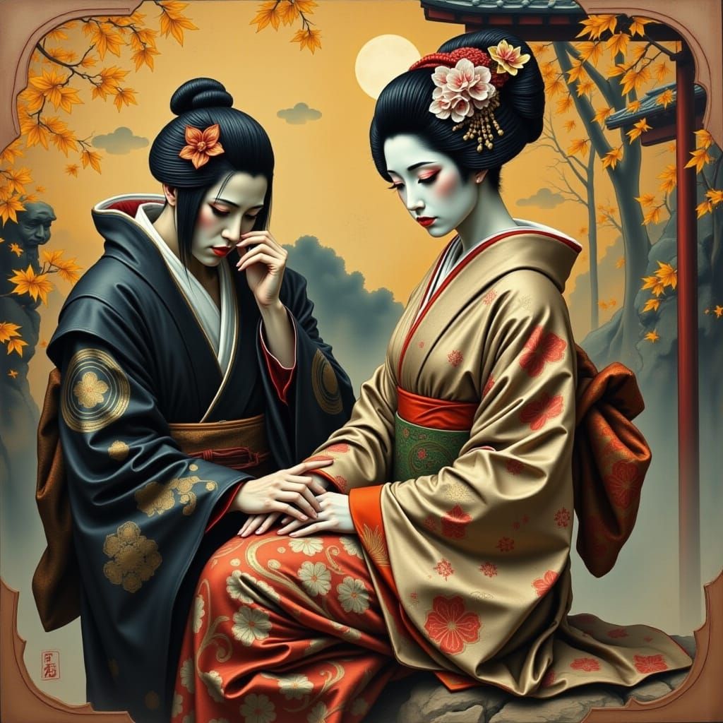 Samurai and Geisha in Elegant Edo Era Setting