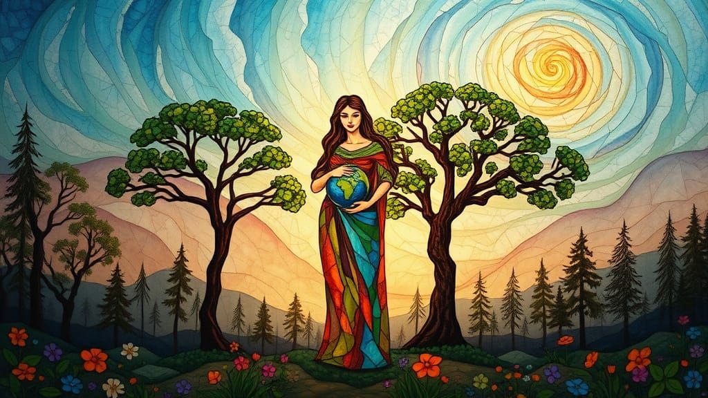 Mother and Father Earth in Dreamlike Stained Glass Style