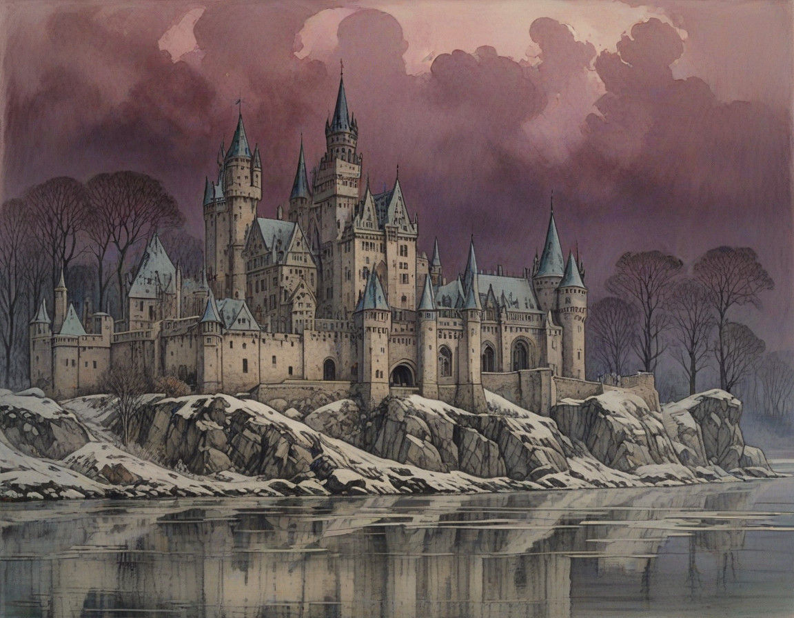 Majestic Castle Ruin Emerges from Morning Mist in Whimsical...